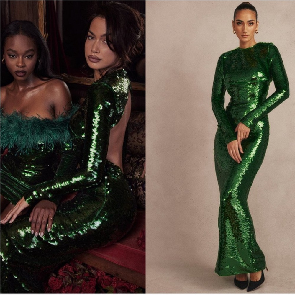 NWT House of CB Belle Pine Green Sequin Open Back Maxi Dress Sz‎ XS  $269